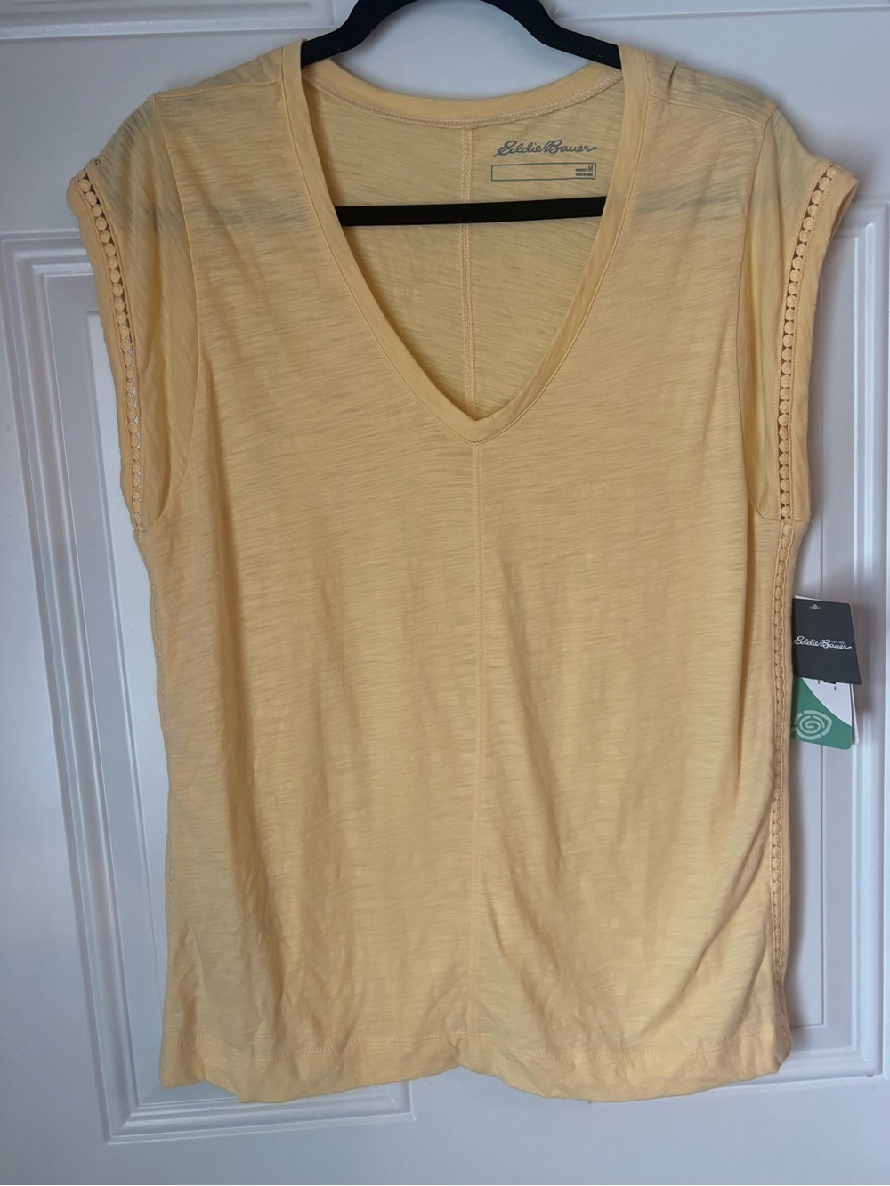 Eddie Bauer Soft Yellow V-Neck Crochet Sleeve Tank